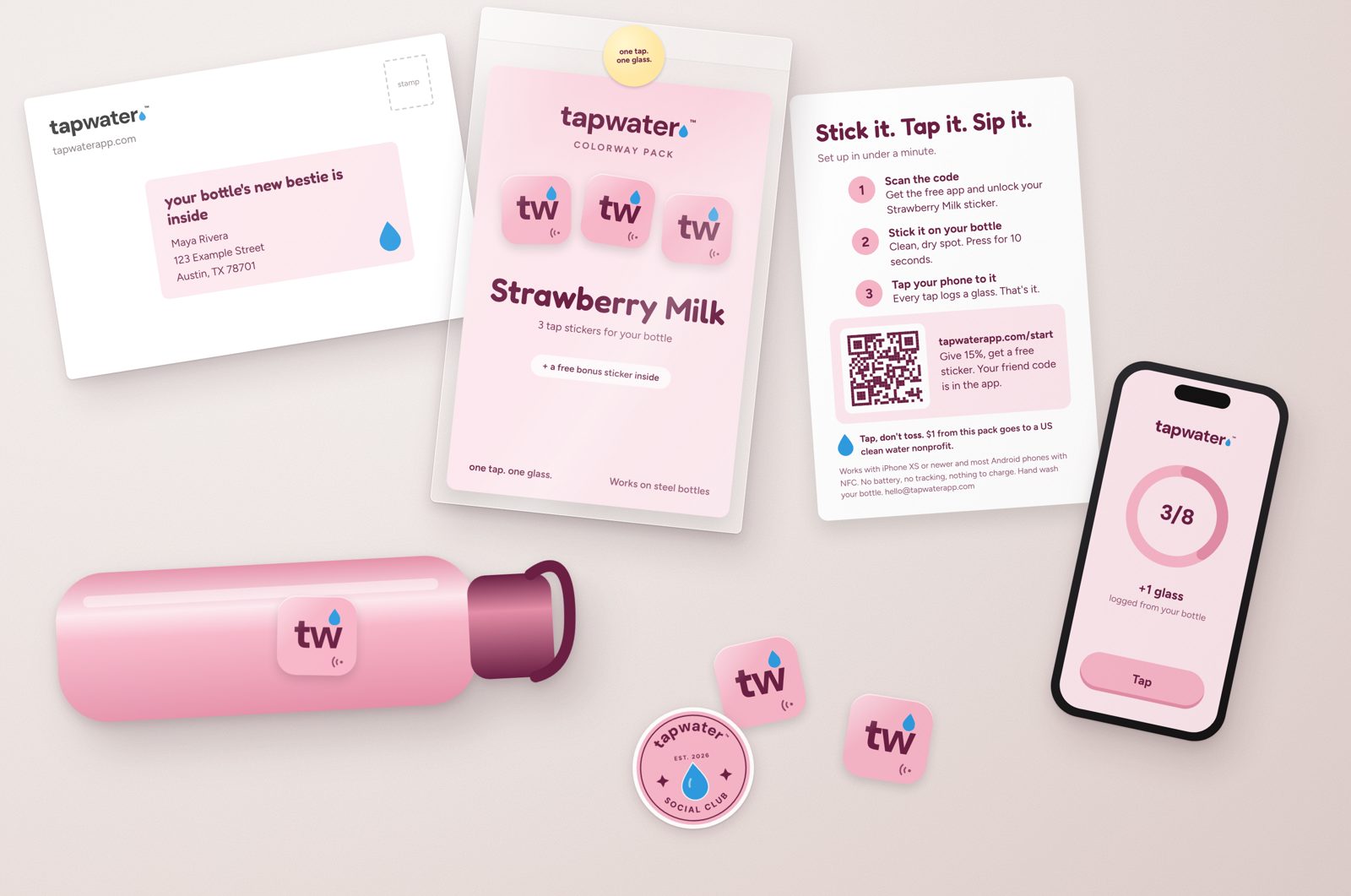 A tapwater Strawberry Milk sticker pack with stickers, a bottle and the app