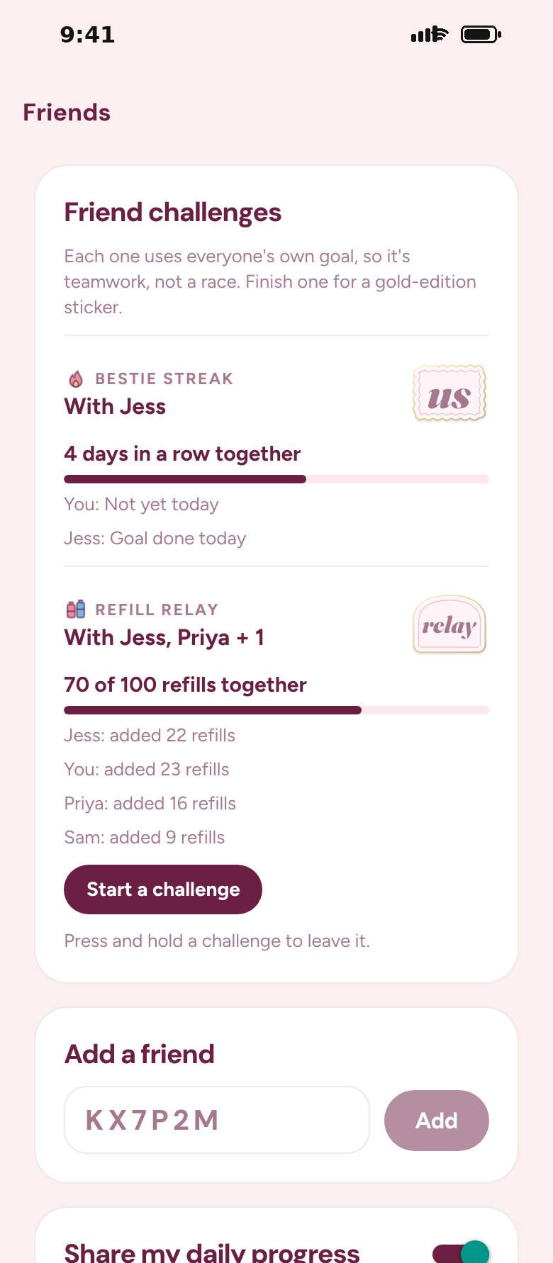 Friend challenges in the app: a bestie streak with Jess and a refill relay